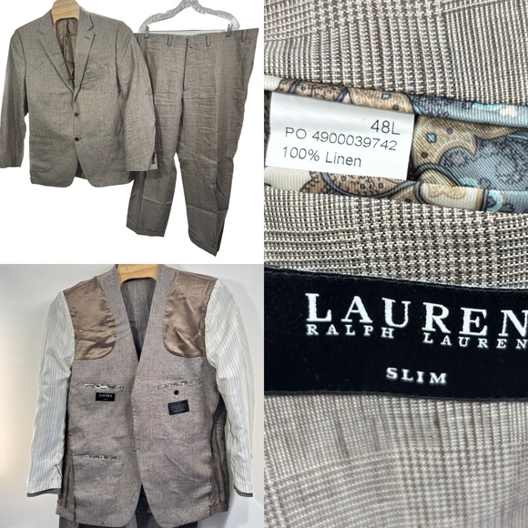 Lauren Ralph Lauren 100% Linen Glen Check 48L 42x30 Cuffed Pants Gray